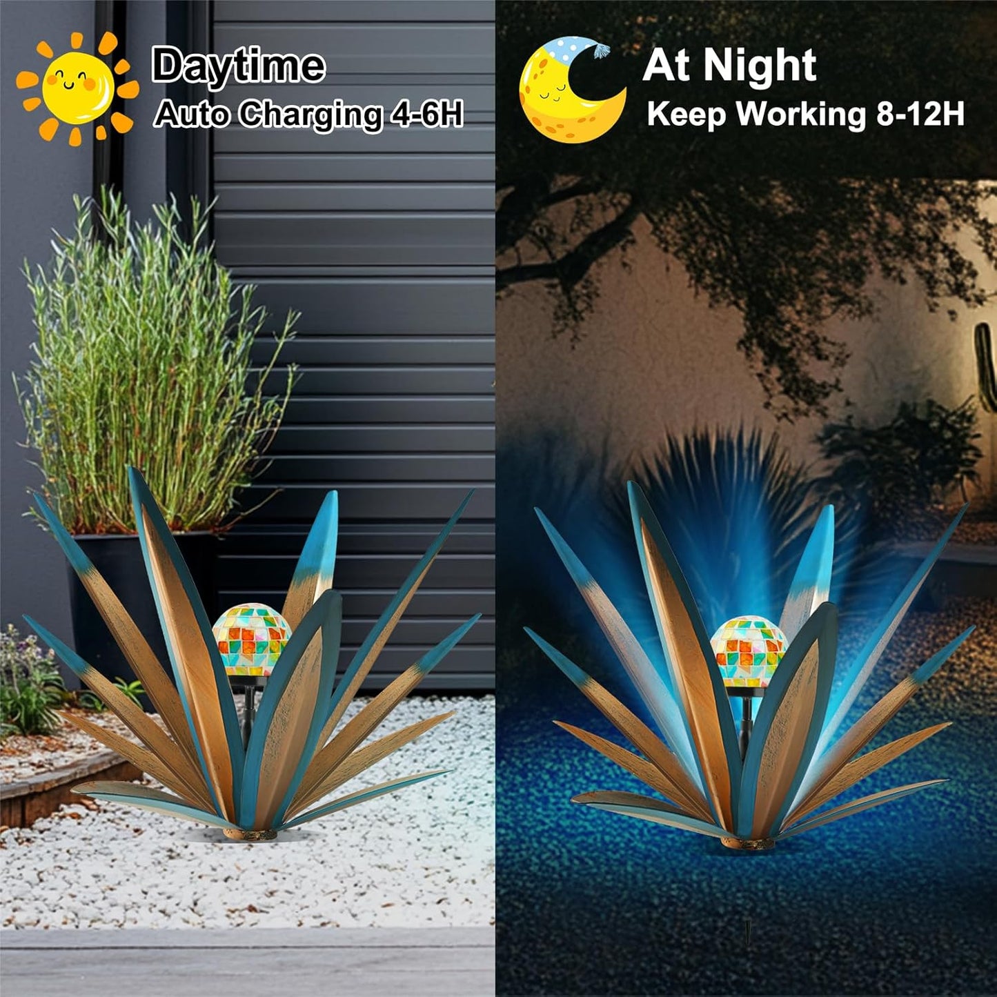 TOMBABY Solar Rustic Garden Style Metal Agave Plants Outdoor Patio, Home Decor Hand-Painted Metal Agave Garden Patio Statues, Suitable for Desert Areas, Outdoor Lawn Decorations (1 Solar Bule)
