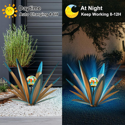 TOMBABY Solar Rustic Garden Style Metal Agave Plants Outdoor Patio, Home Decor Hand-Painted Metal Agave Garden Patio Statues, Suitable for Desert Areas, Outdoor Lawn Decorations (1 Solar Bule)