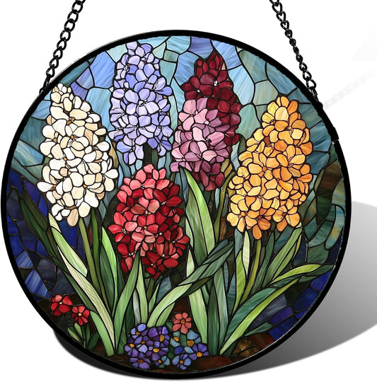 Stained Glass Window Hanging, Colorful Hyacinth Flowers Suncatcher for Doors Window Home Plant Sun
