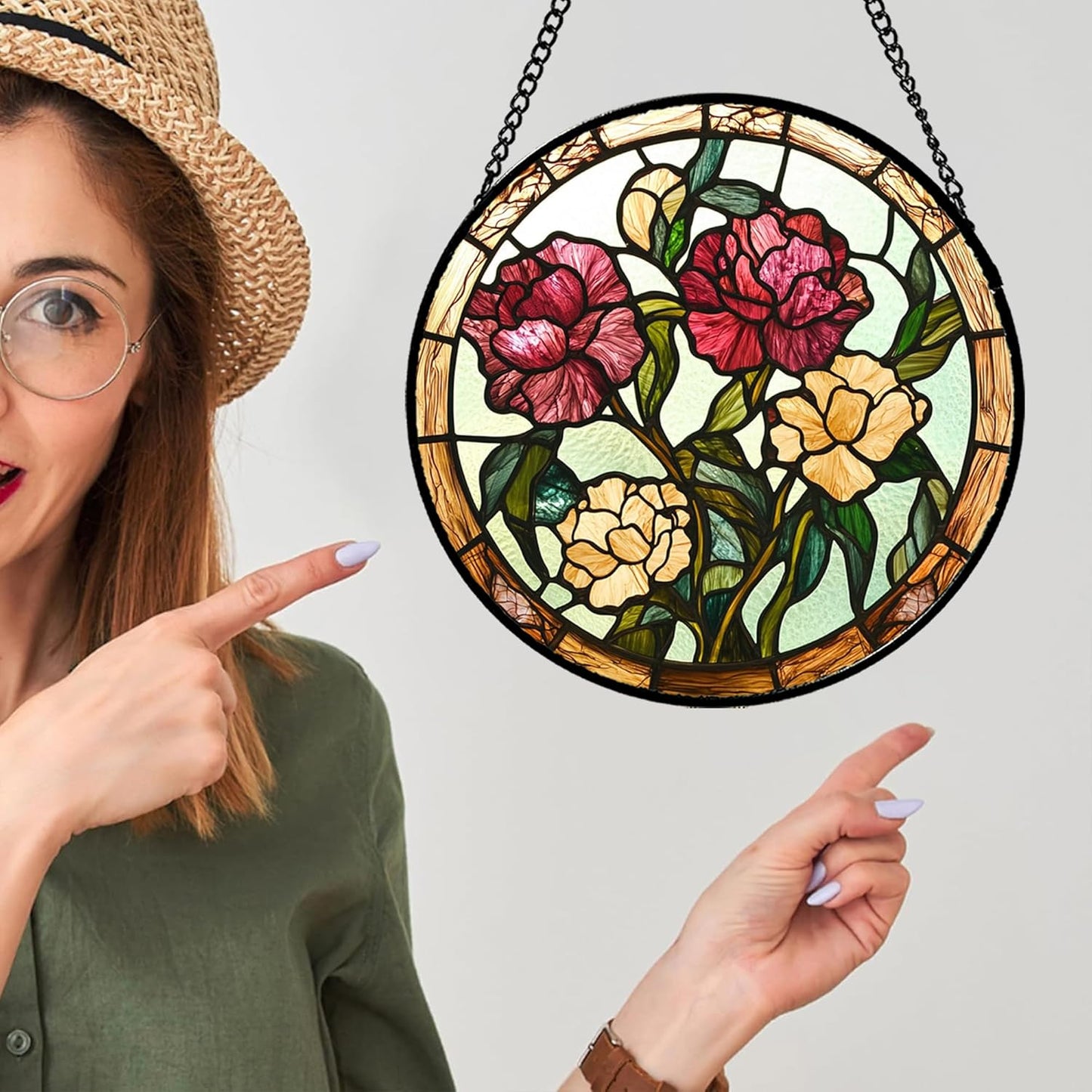 Stained Glass Window Hanging - Birth Flower Carnation Suncatcher for Doors Garden Yard Red Yellow Sun Catchers Decor Christmas Mother's Day Birthday Gifts for Teacher Women Mom Nana 7.8 in