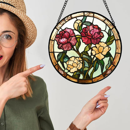 Stained Glass Window Hanging - Birth Flower Carnation Suncatcher for Doors Garden Yard Red Yellow Sun Catchers Decor Christmas Mother's Day Birthday Gifts for Teacher Women Mom Nana 15 in