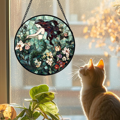 Stained Glass Window Hanging - Teal Sleeping Mermaid Suncatcher for Door Terrace Garden Home Decor, Sea of Flowers Sun Catcher Birthday Gifts for Lovers Women Men Dad Mom Nana 6.3 in