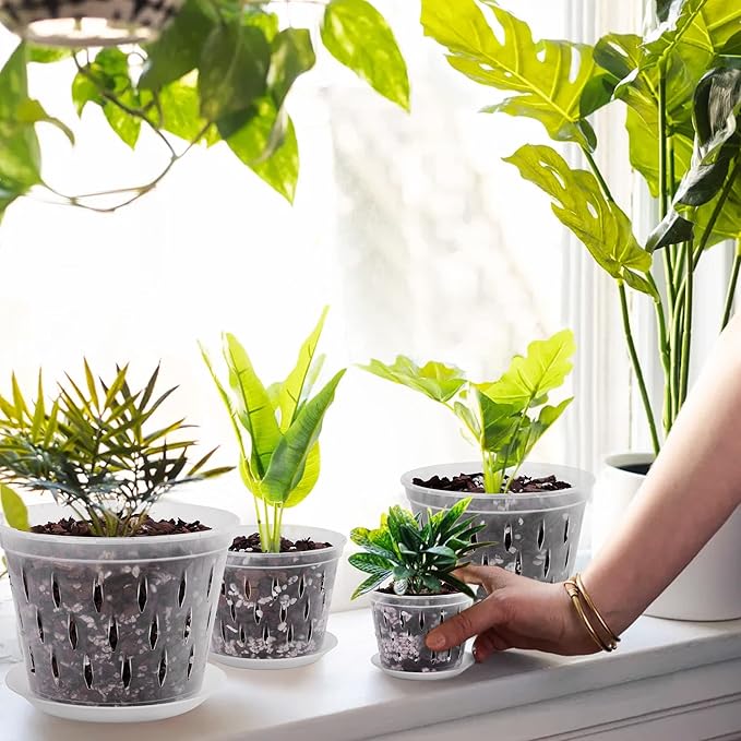 Orchid Pots- 2 Each of 4, 5, 6 and 7 inch- 8 Pots and Saucers, Orchid Pots with Holes and Clear Plastic Orchid Pots for Repotting