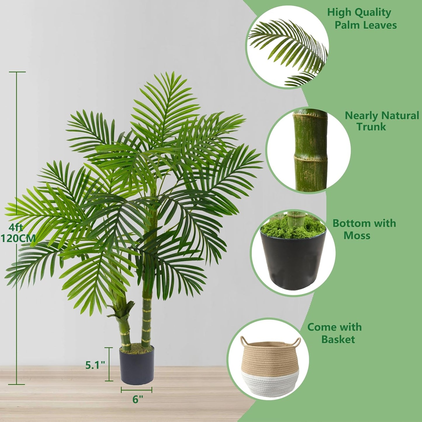 Artificial Palm Tree, 4ft Golden Cane Fake Palm Plant with Basket, Phoenix Palm UV Resistant Faux Plants for Indoor Outdoor Home Garden Patio Office Décor