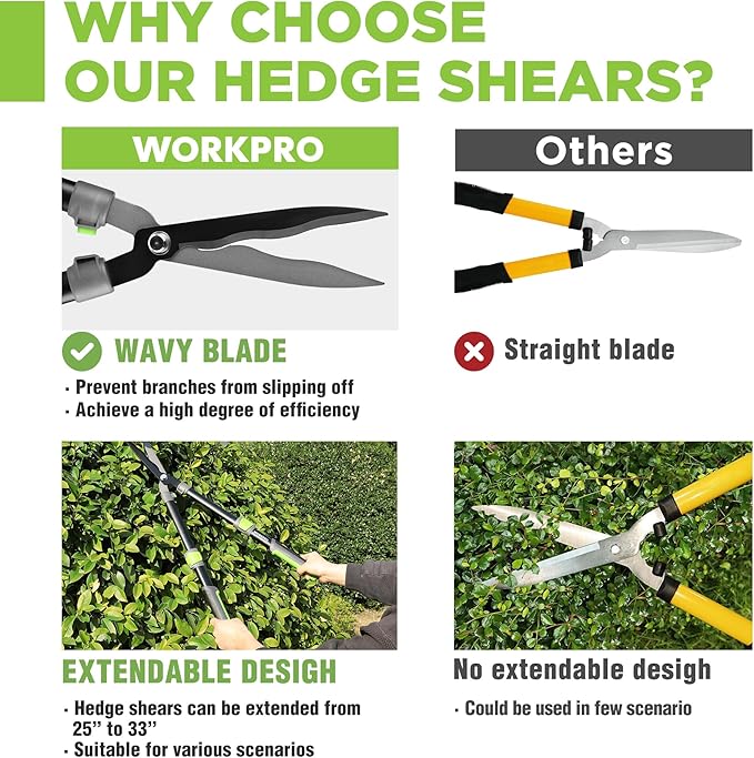 WORKPRO Extendable Hedge Shears, 25-33" Manual Hedge Clippers, Professional Bush Cutter, Gardening Pruners Scissors, Hedge Trimmers, Shears Gardening Tools for Pruning Borders & Shrubs