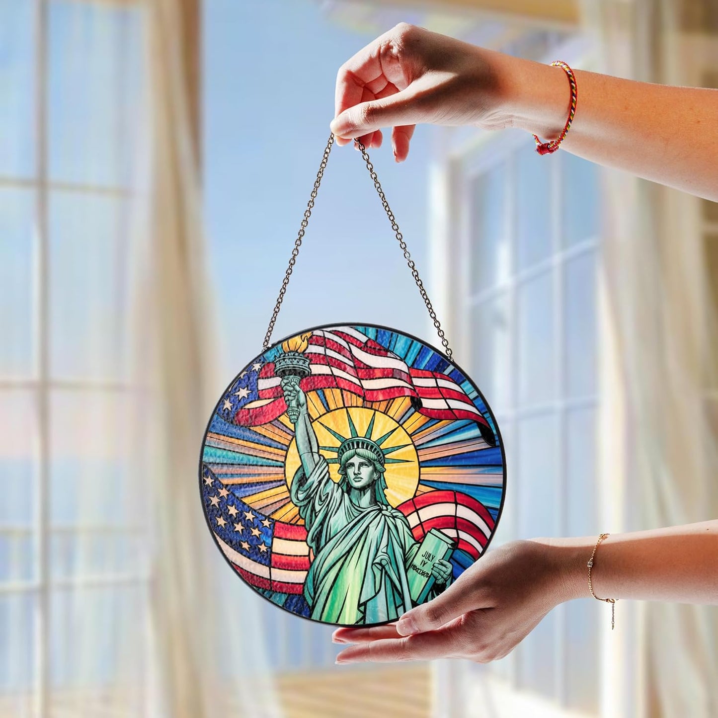 7.8"Patriotic Statue of Liberty Stained Glass Suncatcher, Red White Blue Window Hanging, 4th of July Wall Art Decor Independence Day Gift for Veterans Military American Flag Painted Panel ART-48E-SG8