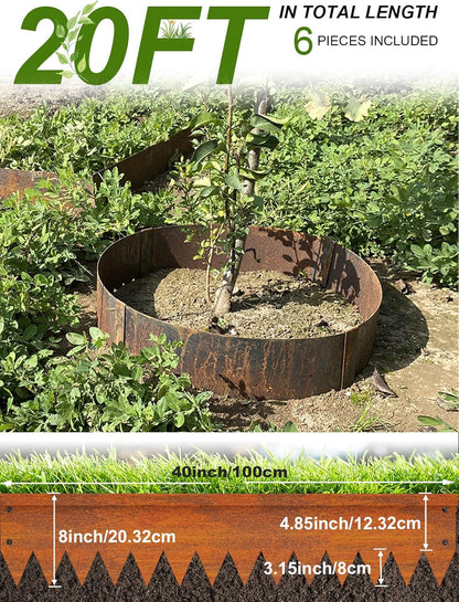 Landscape Edging Border, 40" L x 8" H 6Pack(20FT Total Rusted Corten Steel Garden Edging with Spikes, Sturdy Elegant Metal Lawn Broder for Flower Beds, Pathways, Paver Edges and Yard