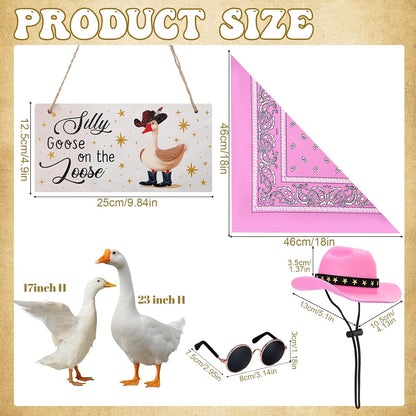 Western Cowboy Porch Goose Outfits, Lawn Cement Plastic Goose, Silly Goose on The Loose Wood Cowboy Hat Bandana Glasses (Pink)