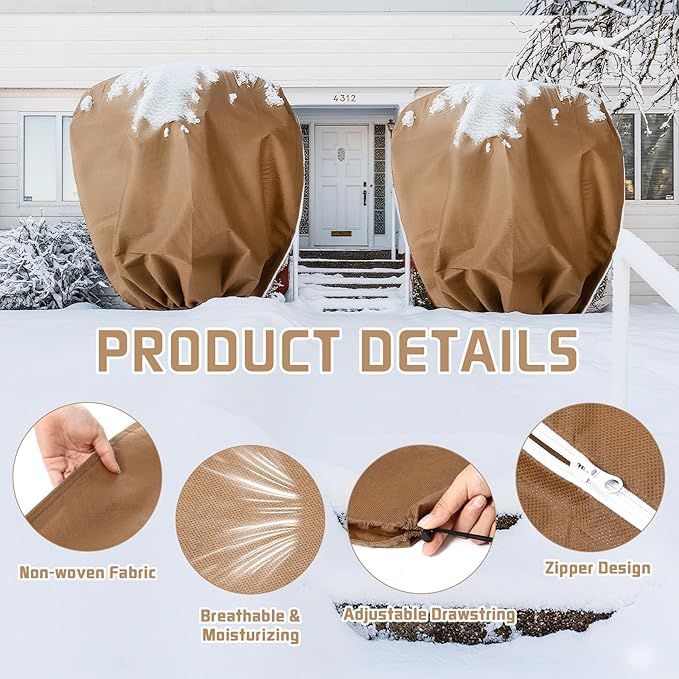 4 Pcs Plant Covers Freeze Protection Reusable Plant Protector with Zipper and Drawstring, Winter Bush Covers Freeze Protection from Cold Sun Frost Wind(Brown)