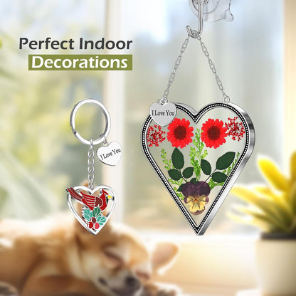 KY&BOSAM Heart Suncatcher I Love You Stained Glass Wind Chime for Windows Pressed Flower Between Heart in Glass and Metal Engraved Charm Birthday Gift for Women Mom Mother's Day Valentine's Christmas