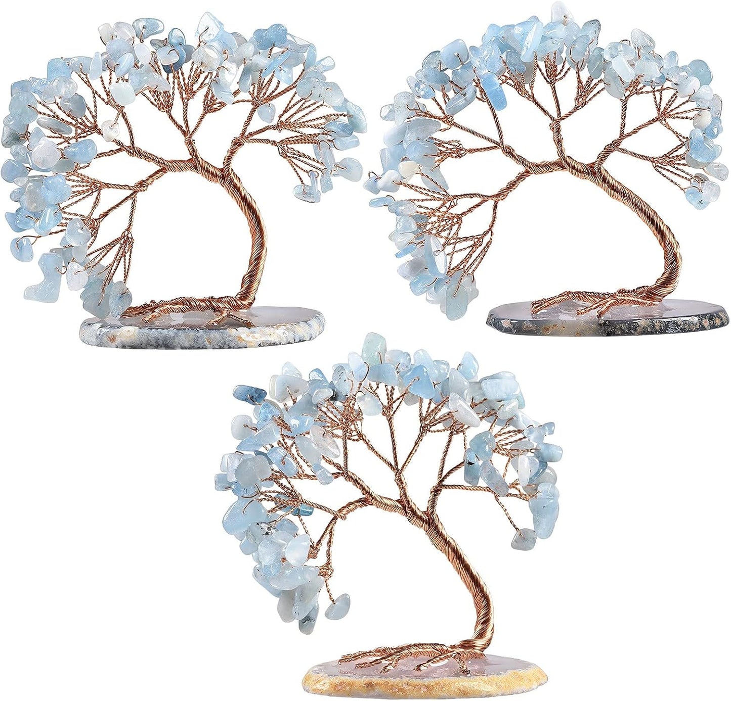 TUMBEELLUWA Reiki Crystal Money Tree with Agate Slice Base Feng Shui Stone Bonsai Tree Figure Decor for Happiness Good Luck and Wealth, Aquamarine