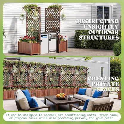AMERLIFE 2 Pack Raised Garden Bed with Trellis for Vegetables, Climbing Plants, Durable Natural Wood Planter Box with Drainage Holes, Privacy Planter for Outdoor Yard & Patio, Easy Assembly