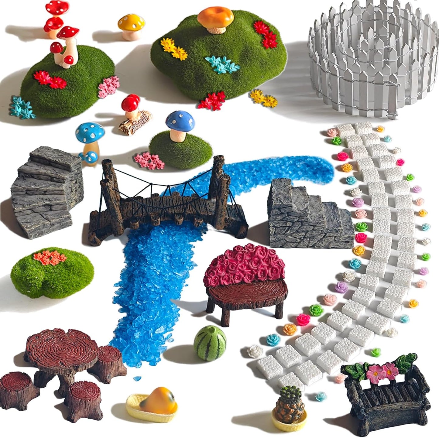 Fairy Garden Kit with 118 Pieces, Miniature Resin Figurines, Mushrooms, Bridge, Steps, Moss, Faux Flowers, Fake Fence, Crystal Gravel & Garden Accessories for DIY Fairy Gardens and Miniature Dioramas