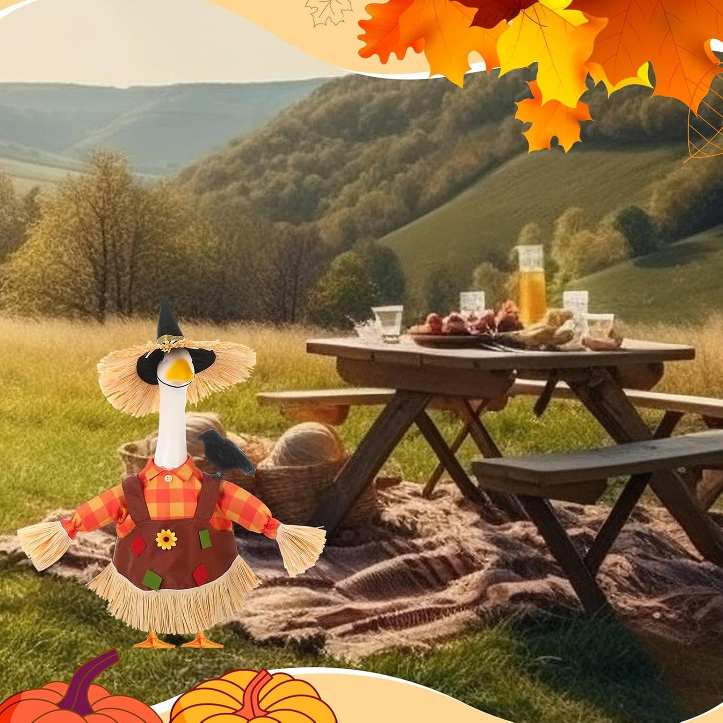3 Pcs Thanksgiving Scarecrow Porch Goose Outfits for 23 Inch Lawn Statue Goose Design with Hat Thanksgiving Day Fall Garden Patio Yard Outdoor Party Decorations(Female Scarecrow)