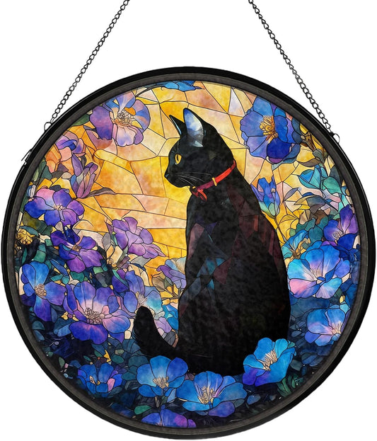 Cat Stained Glass Window Hanging, Flower Suncatcher Diamond Glass Panel Hangings, Sun Catchers