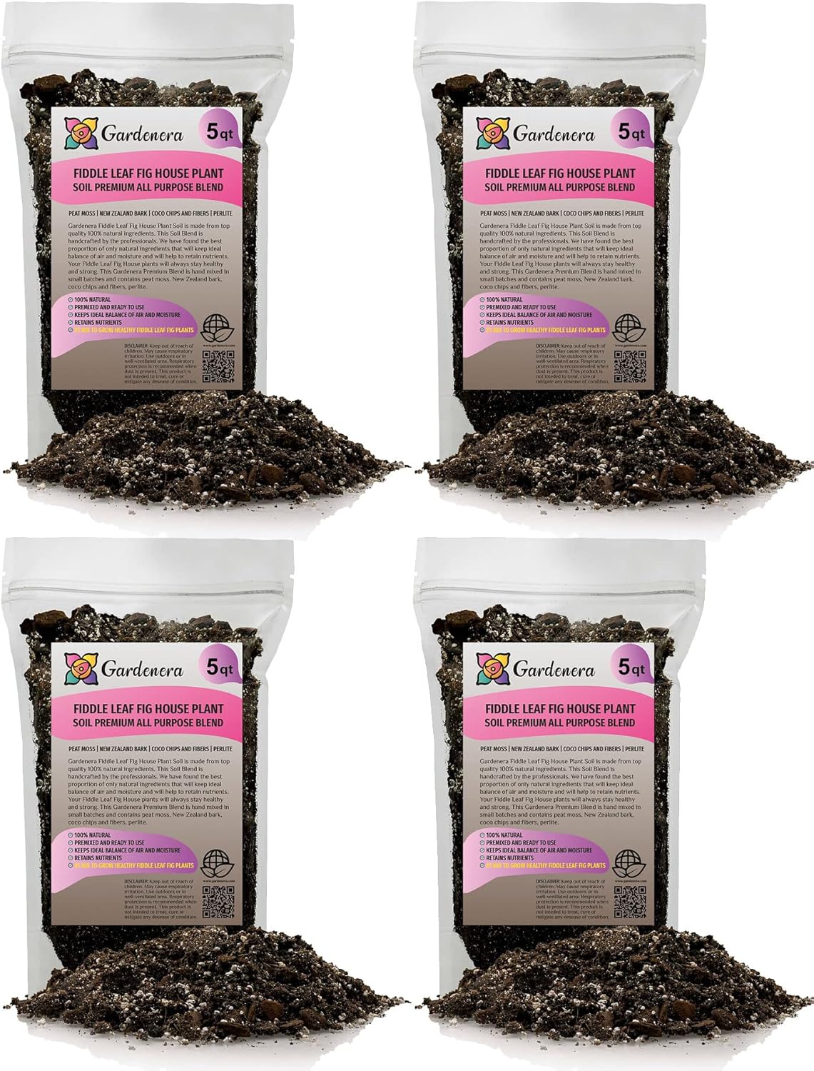 Gardenera Fiddle Leaf Fig Soil Mix - 20 Quart - Premium Blend of Peat Moss, New Zealand Bark, Coco Chips, and Perlite for All Purpose Planting - 4 Bags of 5 Quart