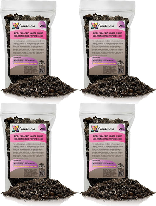 Gardenera Fiddle Leaf Fig Soil Mix - 20 Quart - Premium Blend of Peat Moss, New Zealand Bark, Coco Chips, and Perlite for All Purpose Planting - 4 Bags of 5 Quart