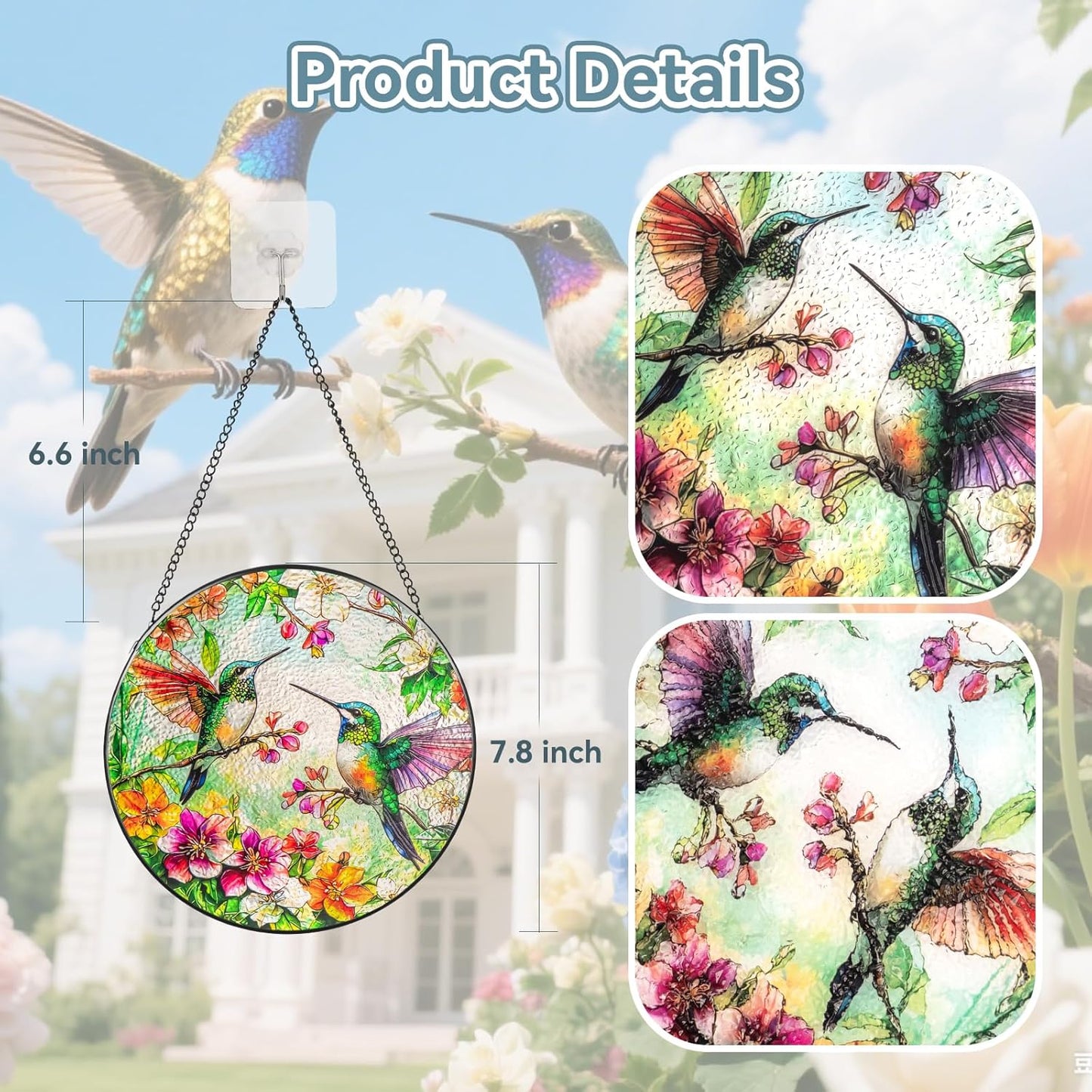 Suncatcher Stained Glass Window Hanging - Hummingbird Glass Panel with Metal Chain and Hooks Handmade Sun Catcher Decoration for Window Garden Home Christmas & Birthday Gifts (8 Inch)