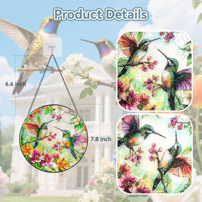Suncatcher Stained Glass Window Hanging - Hummingbird Glass Panel with Metal Chain and Hooks Handmade Sun Catcher Decoration for Window Garden Home Christmas & Birthday Gifts (8 Inch)