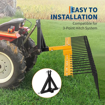 48 Inch Durable Pine Straw Rake Powder Coated Steel Landscape Rake Fits 2" Receiver for Lawn Tractors or ATV/UTV, Orange