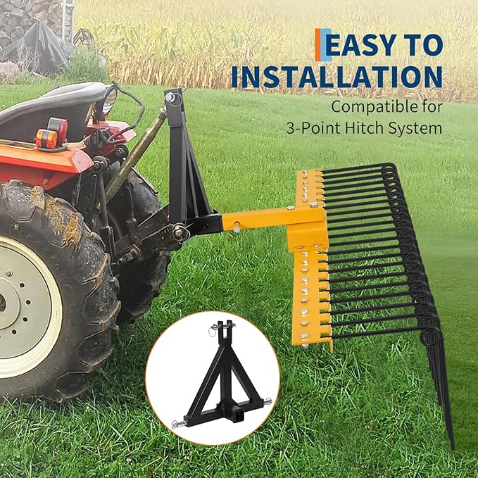 60 Inch Durable Pine Straw Rake Powder Coated Steel Landscape Rake Fits 2" Receiver for Lawn Tractors or ATV/UTV, Orange