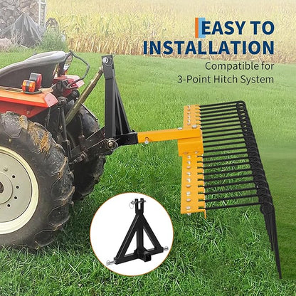 60 Inch Durable Pine Straw Rake Powder Coated Steel Landscape Rake Fits 2" Receiver for Lawn Tractors or ATV/UTV, Orange