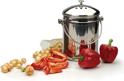 RSVP International Kitchen Collection Compost Pail, Dishwasher Safe, 1 Gallon Capacity, Stainless Steel
