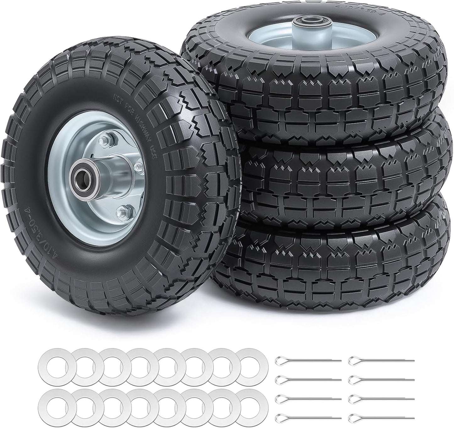 4 PCS 10” Solid Tires, 4.10/3.50-4” Flat Free Tires and Wheels with 5/8” Axle Bore Hole and Double Sealed Bearings Compatible with Hand Truck Wheelbarrow Tire Lawn Mower Tire (Silver) P-092