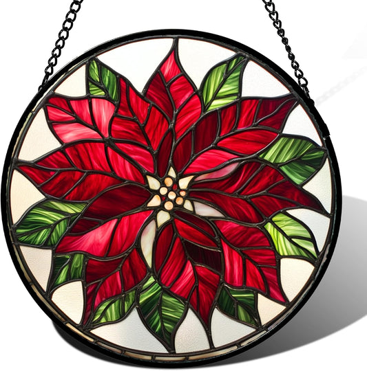 Stained Glass Window Hanging - Red Poinsettia Birth Flower Suncatcher for Door Garden Yard Sun