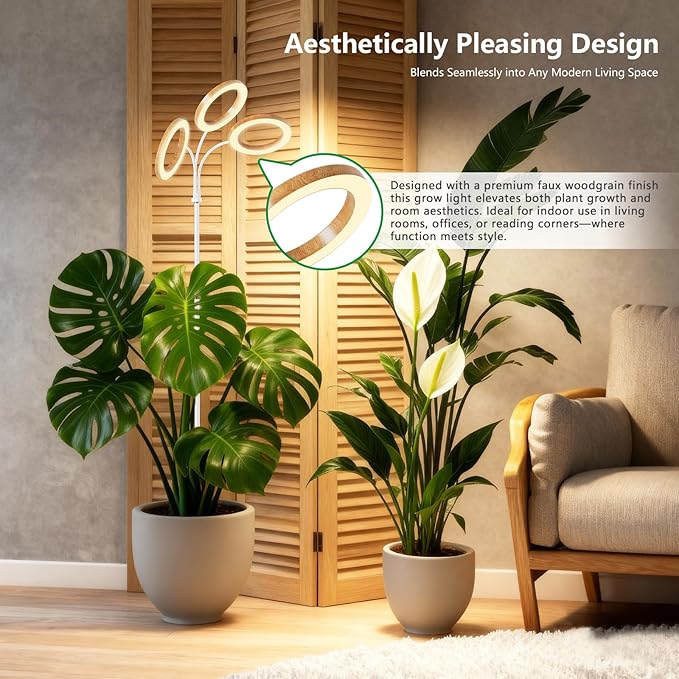 Full Spectrum Grow Light with Stand for Indoor Plants, Floor Plant Light, 6/12/18H Timer, 3 Color Modes, Adjustable Height 16.5–68in, for Large Plants & Home Décor(Tri-Head,Faux Wood Grain)