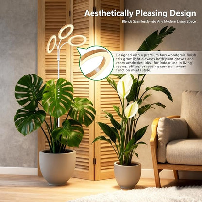 Full Spectrum Grow Light with Stand for Indoor Plants, Floor Plant Light, 6/12/18H Timer, 3 Color Modes, Adjustable Height 16.5–68in, for Large Plants & Home Décor(Tri-Head,Faux Wood Grain)