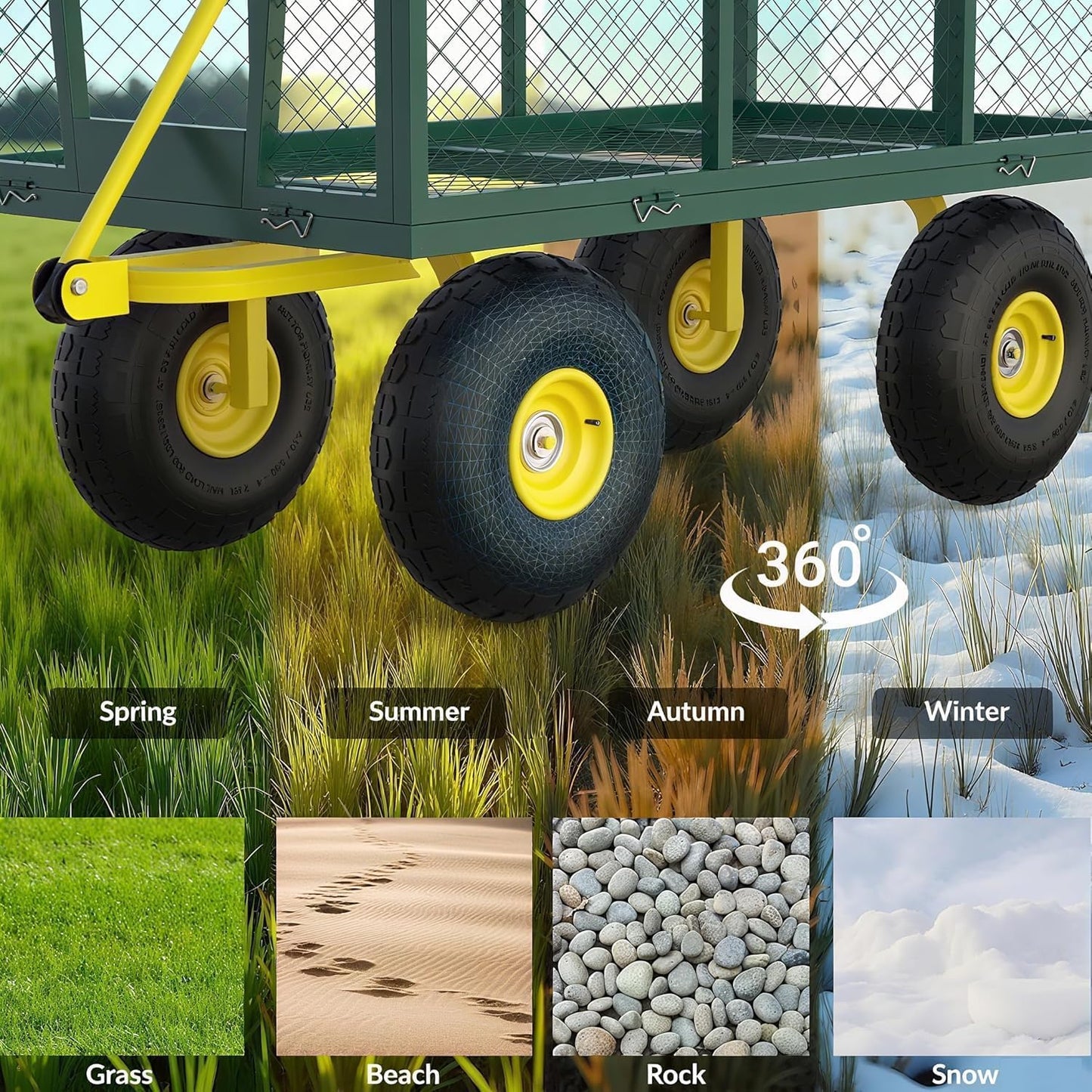 Metal Wagon - 1200lbs Garden Cart with 10" Multi-Terrain Tires, 4 Removable Mesh Sides & 180° Swivel Handle, Yard Wagon Cart for Lawn, Yard, Patio Gardening
