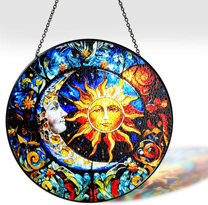 7.8" Sun & Moon Stained Glass Decor, Window Suncatcher Hanging Decorations, Suncatcher Art Decor for Home Garden Housewarming, Sun Moon Gifts for Mom, Women, Family, Grandma, Friends ART-17E-SG8