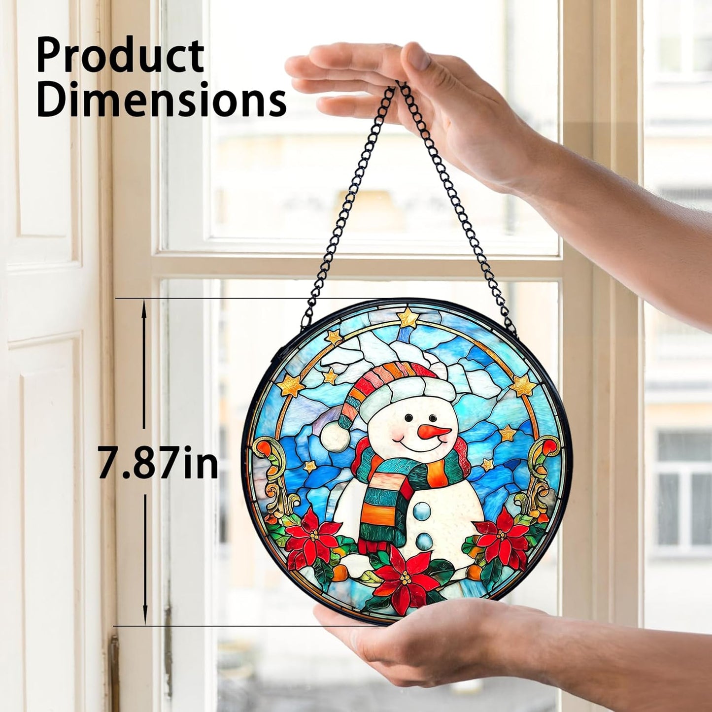 TNUW Snowman Christmas Stained Glass Window Hanging, Snowman Winter Xmas Flowers Sun Catchers Indoor Window Glass Round Wall Art Decor, Christmas Wall Hanging Decorations, 7.9＂x7.9＂