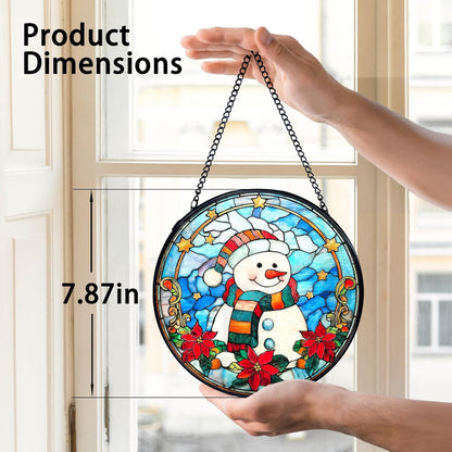 TNUW Snowman Christmas Stained Glass Window Hanging, Snowman Winter Xmas Flowers Sun Catchers Indoor Window Glass Round Wall Art Decor, Christmas Wall Hanging Decorations, 7.9＂x7.9＂