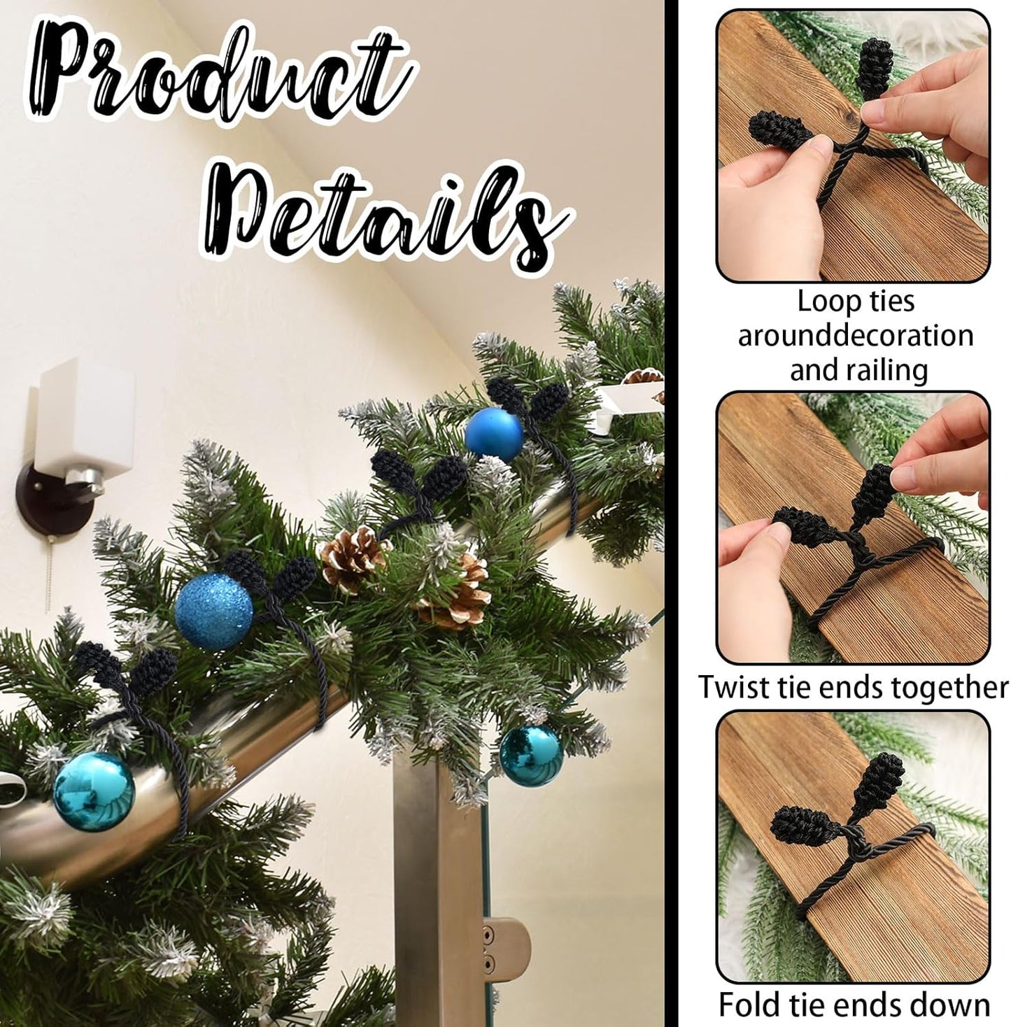 Shappy 12 Pieces Christmas Garland Banister Ties Christmas Decorative Reusable and Flexible Twist Ties for Garland, Banister Home Decoration (Black)