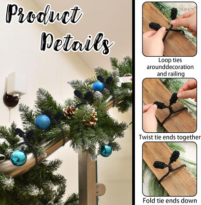 Shappy 12 Pieces Christmas Garland Banister Ties Christmas Decorative Reusable and Flexible Twist Ties for Garland, Banister Home Decoration (Black)