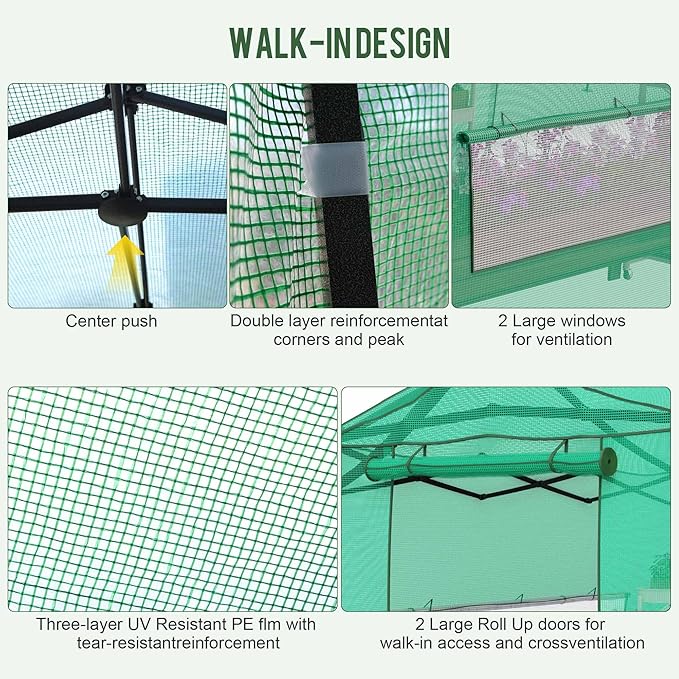 8.5 x 7 FT Walk-in Greenhouse, Portable Pop-up Green House 3 Adjustable Hights Heavy Duty Plant Gardening Canopy with Durable PE Cover for Indoor Outdoor (Clear and Green)