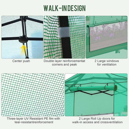 8.5 x 7 FT Walk-in Greenhouse, Portable Pop-up Green House 3 Adjustable Hights Heavy Duty Plant Gardening Canopy with Durable PE Cover for Indoor Outdoor (Clear and Green)