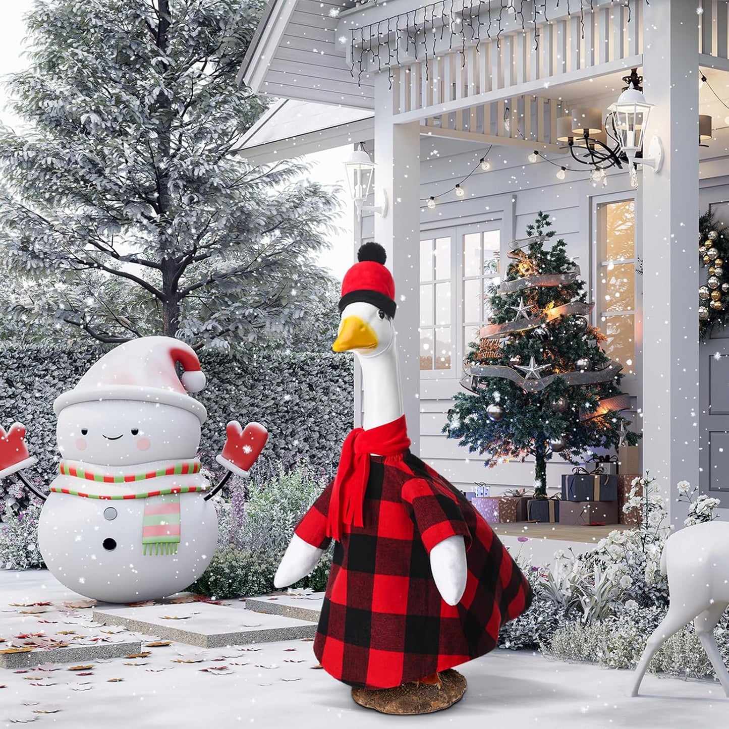 Christmas Red and Black Buffalo Plaid Goose Outfit Clothes for 23" High Cement or Plastic Goose Lawn Clothing Porch Garden Costume for Yard Outdoor Patio Statue Xmas Holiday Decor