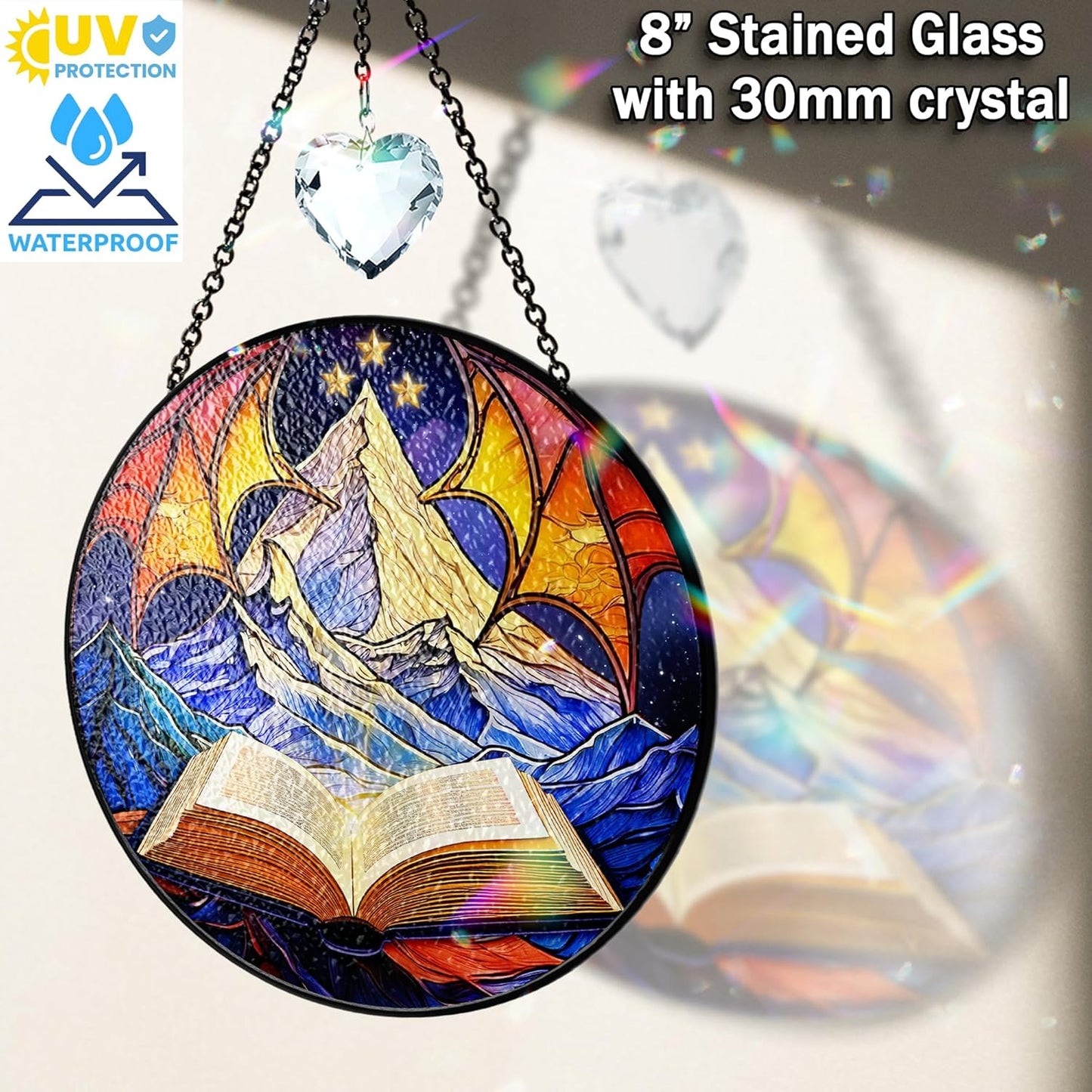 Book Stained Glass Suncatcher, Night Court Nature-Inspired Art Window Hanging, Bookaholic Ornament Crystal Glass Panel Bookish Gift for Fantasy Book Lovers Readers Writers Teachers ART-22E-SG
