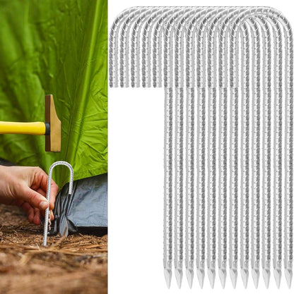 Rebar Stakes 16inx10mm Galvanized J Hook 12pcs – Heavy Duty Ground Tent Stakes for Fence,Bounce House,Outdoor Plants,Artificial Turf,Dog Coop,Metal Stakes for Christmas Decorations
