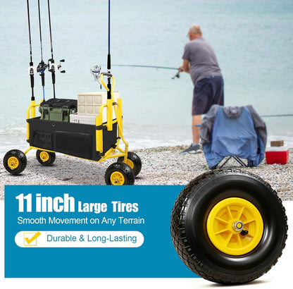 Fishing Cart,Beach Wagon Trolley Cart with 11'' All-Terrain Wheels for Sand,Heavy Duty Garden Cart with Rod Holders,Umbrella Holder and Durable Collapsible Wagon