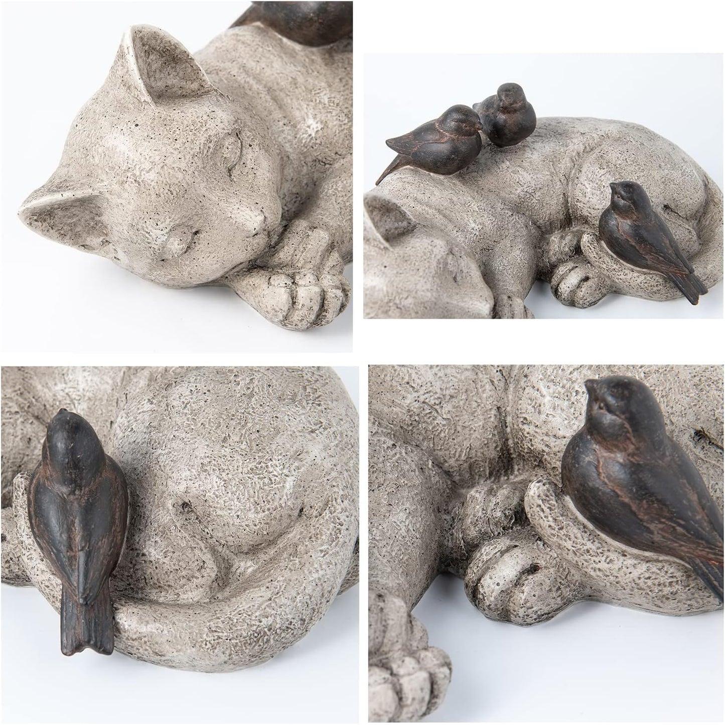 Sleeping Cat Garden Statues Outdoor - 12" Sparrows On Cat Figurine Memorial Statue Grave Markers Garden Resin Statues for Outdoor Decor Outdoor Statue Resin 12" x 8" x 4.5"