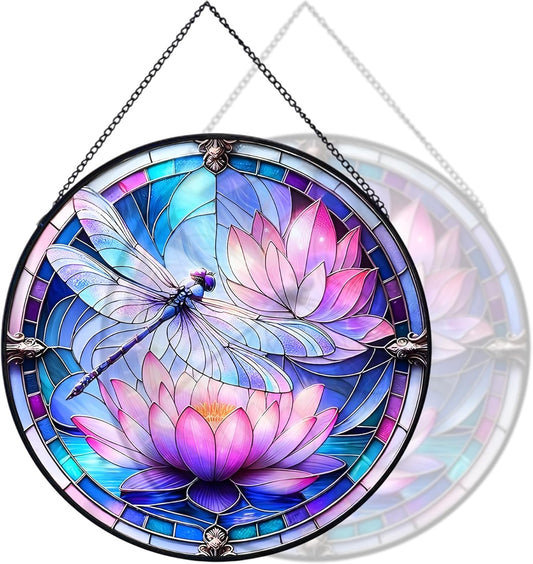 RIVEENY Stained Glass Window Hanging, Stain Glass Dragonfly Gifts Sun Catcher for Windows, 7.8 inch