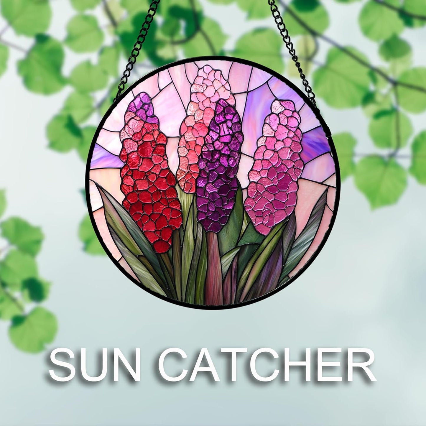 Stained Glass Window Hanging 4 Pcs Set Purple Flower Theme 6.3" - Tulip Suncatcher Door Garden Sun Catcher Decor Birthday Christmas for Plant Lovers Woman Nana Men