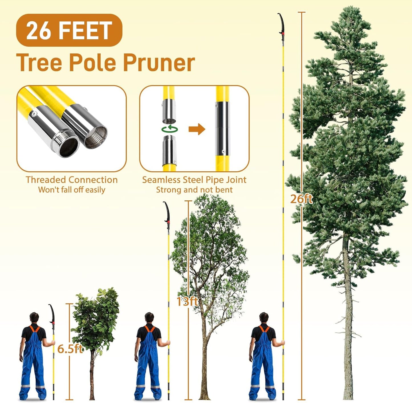 Outvita Manual Pole Saw, 26 Feet Extendable Tree Pruner with Knives and Storage Pocket, Sharp Steel Blade and Scissors High Branches Trimming for Pruning Palms and Shrubs（Yellow）