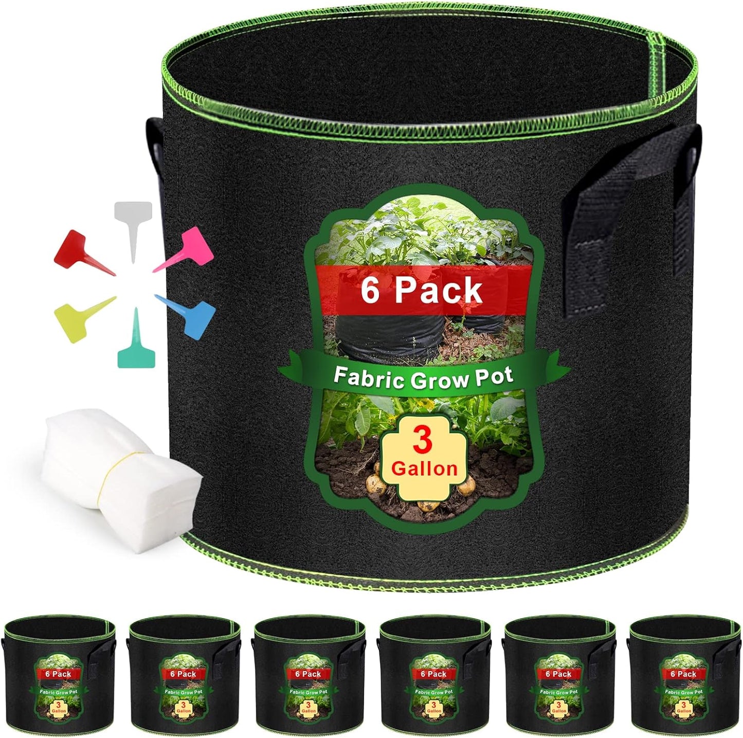 3Gallon Grow Bags, Garden Plant Bags with Handles, Thickened Nonwoven Fabric Aeration Planting Pots, Vegetable Gardening Fabric pots with Plant Tags & Seedling Bags(6Pack Chili Planting Bags)