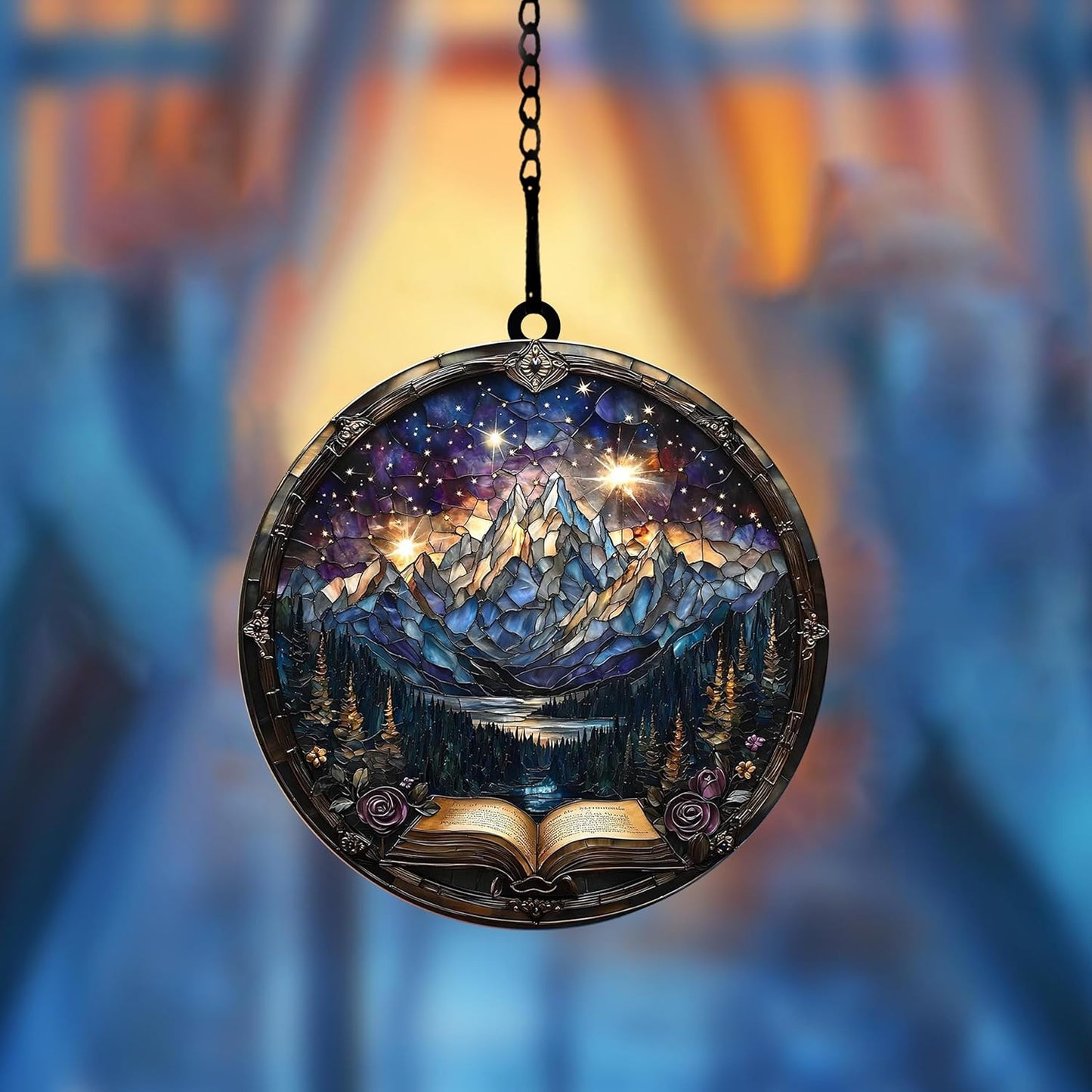 Mountains Books Bookish Acrylic Suncatcher Stained Glass Effect Window Car Hanging Christmas Ornament Indoor Outdoor Decor Garden Bookworm Sun Catcher Book Lover for Women Mom Grandma