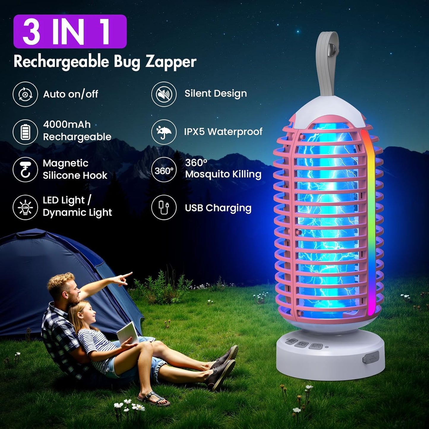 Bug Zapper Outdoor with Colorful Lighting and Auto-Sensing, 3 in 1 Cordless 4000mAh Battery Electric Fly Trap, Rechargeable Mosquito Zapper for Camping, Patios, Garden, Kitchen (1Pack-Pink)